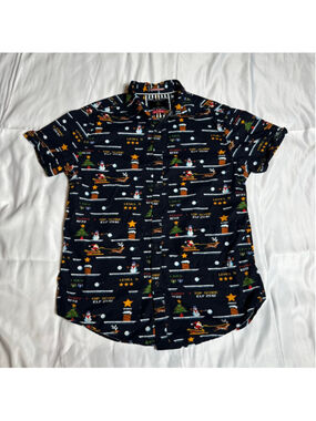 Men's Denim & Flower Black Multi-color Christmas Casual Button Down Shirt S